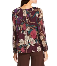 Current Air Floral Pleated Round Neck Long Sleeve Blouse