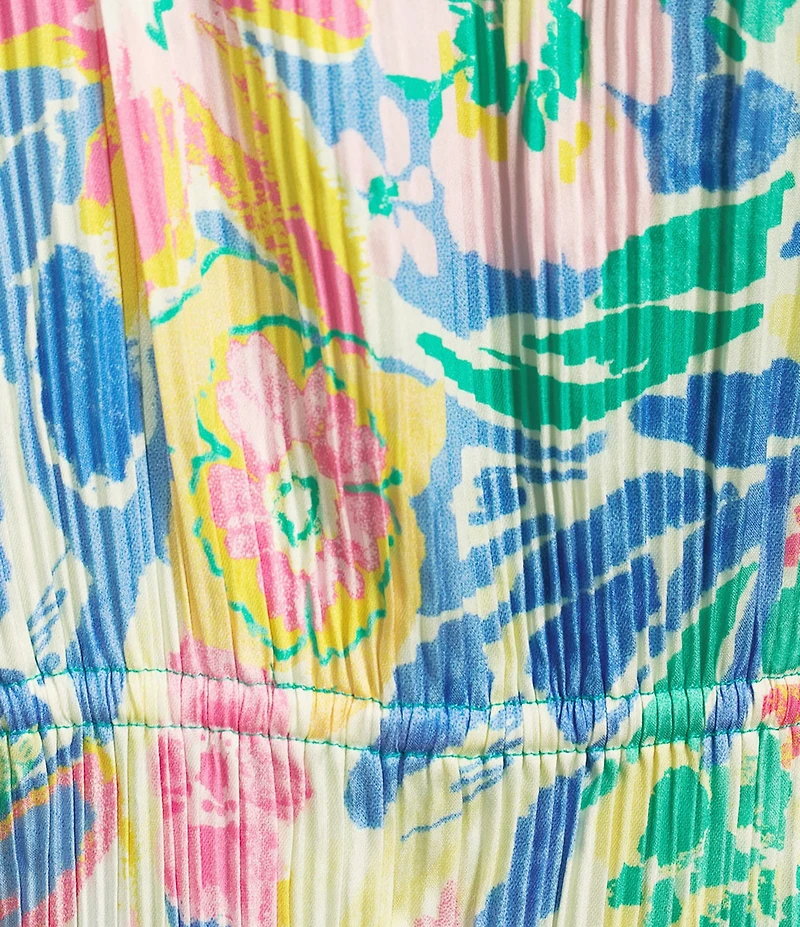 Current Air Floral Pleated V-Neck Cap Sleeve A-Line Maxi Dress