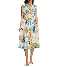 Current Air Floral Poplin Point Collar Cap Sleeve Belted Midi Shirt Dress