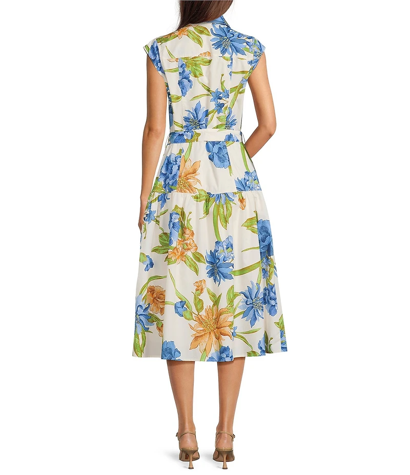Current Air Floral Poplin Point Collar Cap Sleeve Belted Midi Shirt Dress