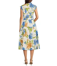 Current Air Floral Poplin Point Collar Cap Sleeve Belted Midi Shirt Dress