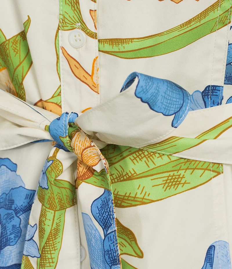 Current Air Floral Poplin Point Collar Cap Sleeve Belted Midi Shirt Dress