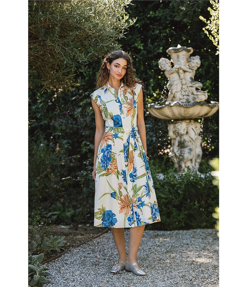 Current Air Floral Poplin Point Collar Cap Sleeve Belted Midi Shirt Dress