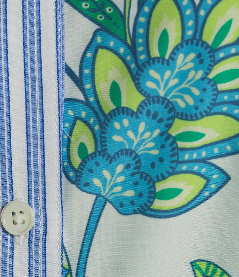 Current Air Floral Poplin Stripe Trim Point Collar Elbow Puff Sleeve Button Front Pleated Tiered Dress