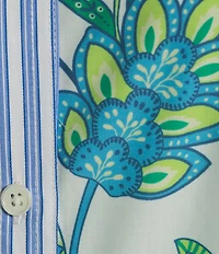 Current Air Floral Poplin Stripe Trim Point Collar Elbow Puff Sleeve Button Front Pleated Tiered Dress