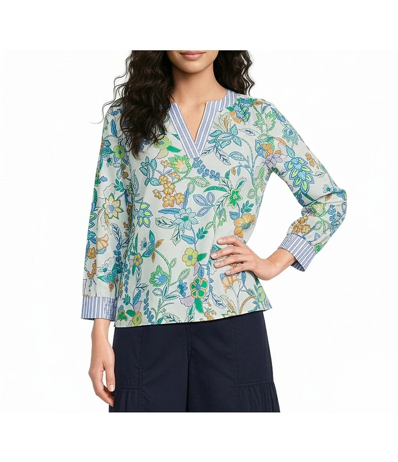 Current Air Floral Poplin Stripe Trim Split V-Neck 3/4 Raglan Sleeve Top