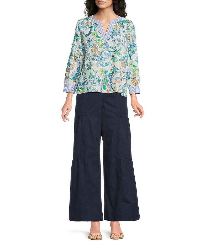 Current Air Floral Poplin Stripe Trim Split V-Neck 3/4 Raglan Sleeve Top