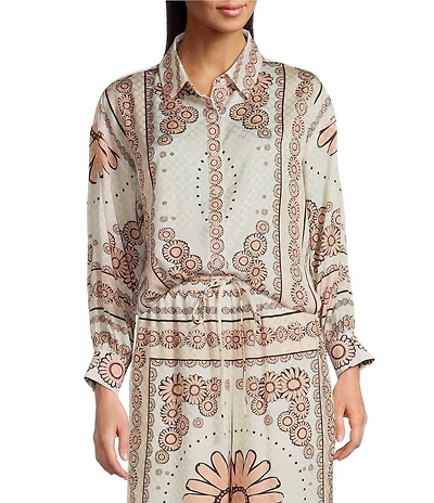 Current Air Floral Print Point Collar Long Sleeve Button Front Coordinating Shirt