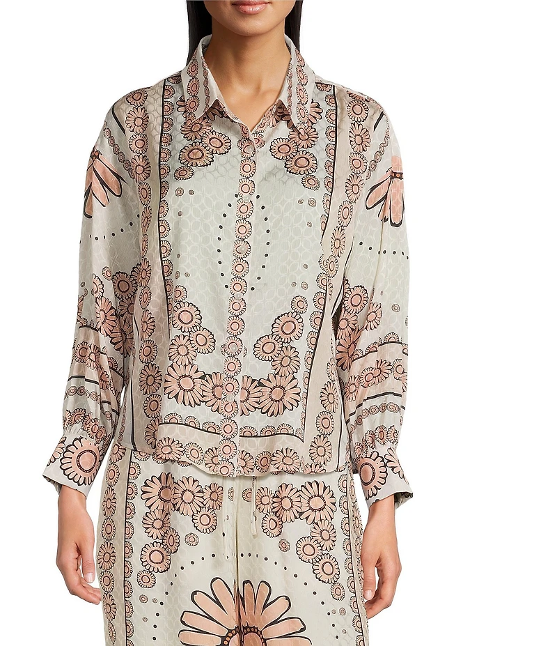 Current Air Floral Print Point Collar Long Sleeve Button Front Coordinating Shirt