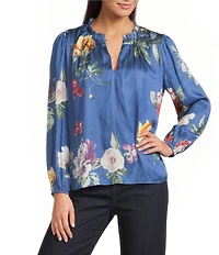 Current Air Floral Satin Ruffle Collar Long Sleeve Top