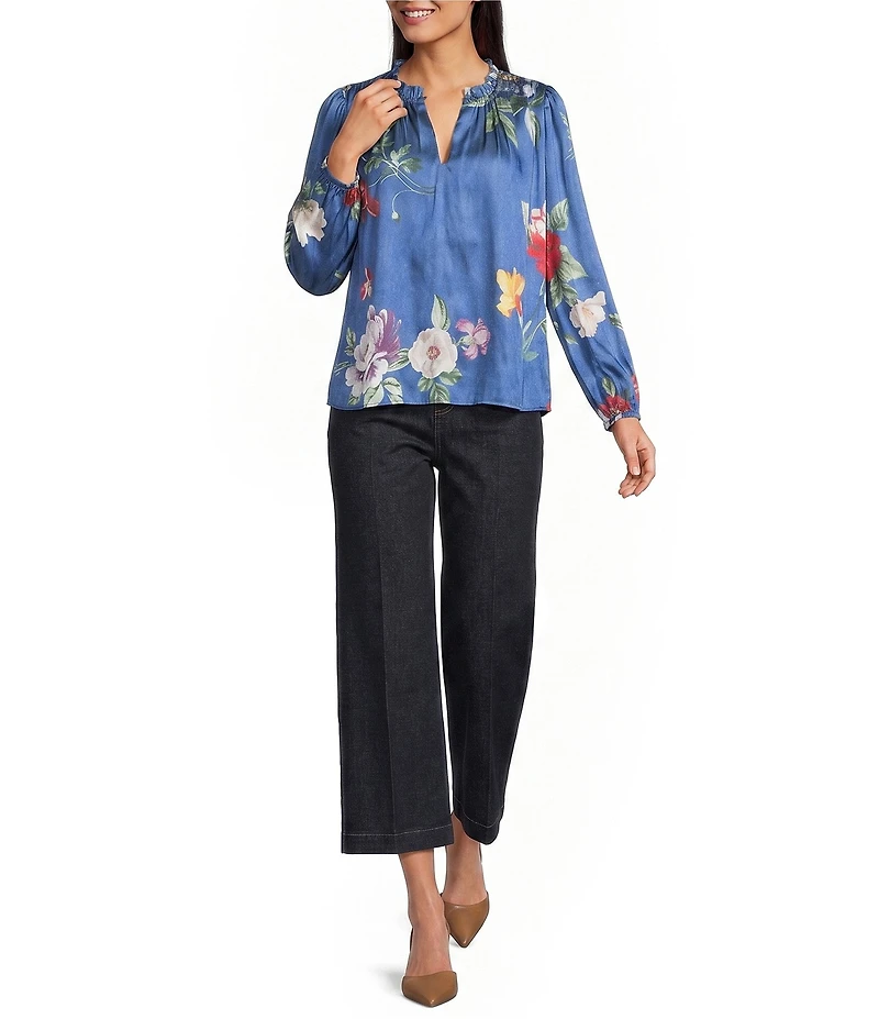 Current Air Floral Satin Ruffle Collar Long Sleeve Top