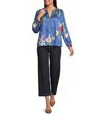 Current Air Floral Satin Ruffle Collar Long Sleeve Top