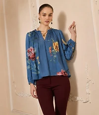 Current Air Floral Satin Ruffle Collar Long Sleeve Top