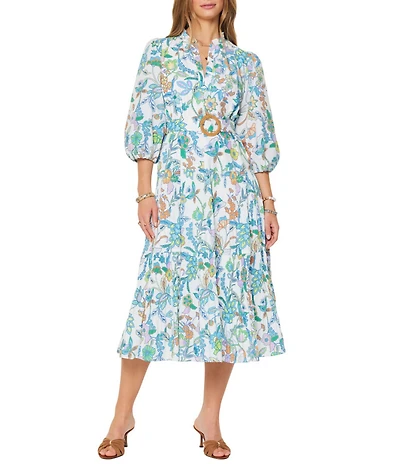 Current Air Floral Split V-Neck 3/4 Puff Sleeve Tiered A-Line Midi Dress