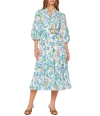 Current Air Floral Split V-Neck 3/4 Puff Sleeve Tiered A-Line Midi Dress