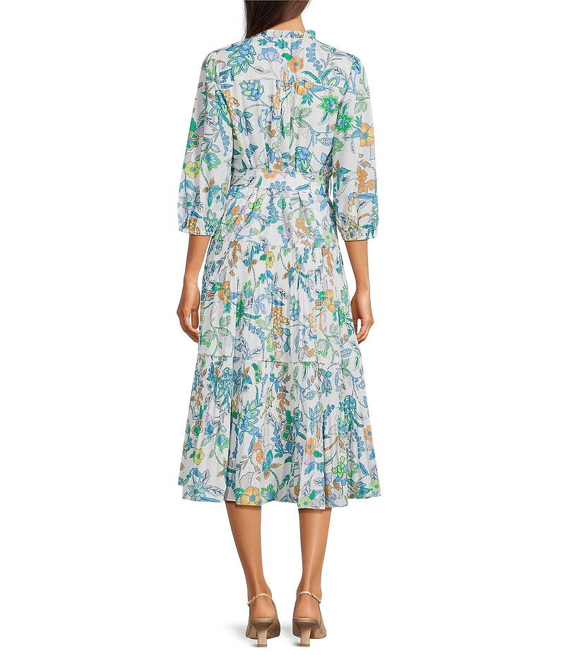Current Air Floral Split V-Neck 3/4 Puff Sleeve Tiered A-Line Midi Dress