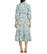 Current Air Floral Split V-Neck 3/4 Puff Sleeve Tiered A-Line Midi Dress