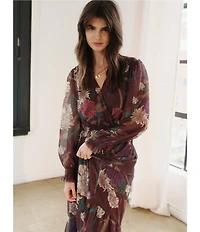 Current Air Floral Surplice V-Neck Long Sleeve Ruffle Tiered Midi Dress
