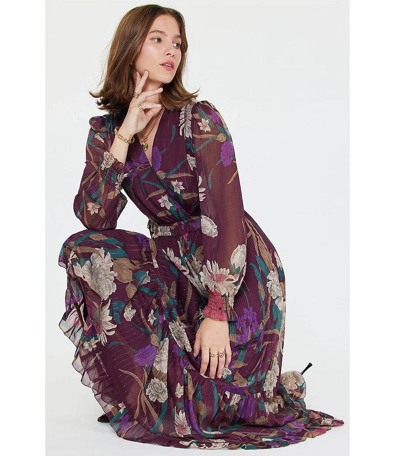 Current Air Floral Surplice V-Neck Long Sleeve Ruffle Tiered Midi Dress