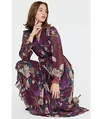 Current Air Floral Surplice V-Neck Long Sleeve Ruffle Tiered Midi Dress