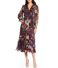 Current Air Floral Surplice V-Neck Long Sleeve Ruffle Tiered Midi Dress