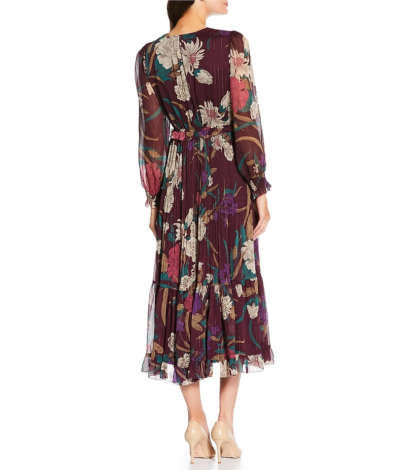 Current Air Floral Surplice V-Neck Long Sleeve Ruffle Tiered Midi Dress