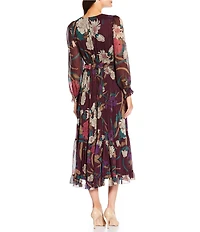 Current Air Floral Surplice V-Neck Long Sleeve Ruffle Tiered Midi Dress