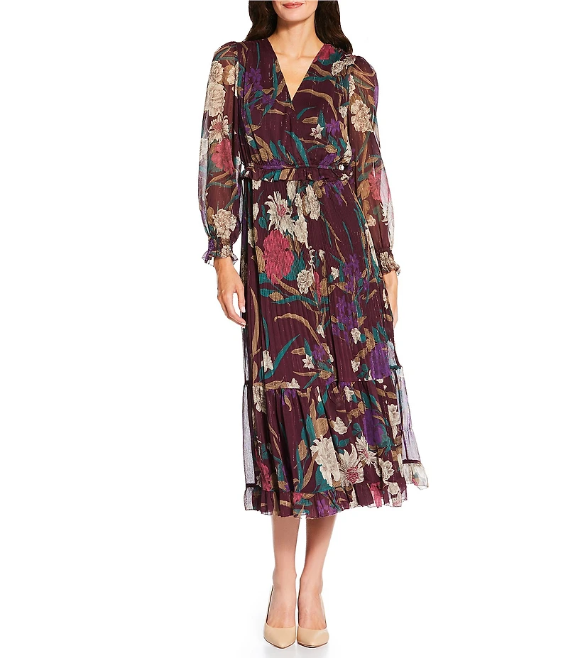 Current Air Floral Surplice V-Neck Long Sleeve Ruffle Tiered Midi Dress