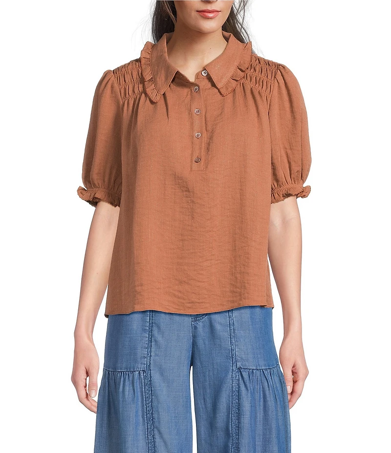 Current Air Half Sleeve Smocked Picot Point Collar Top