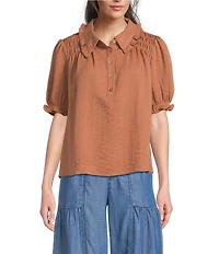 Current Air Half Sleeve Smocked Picot Point Collar Top