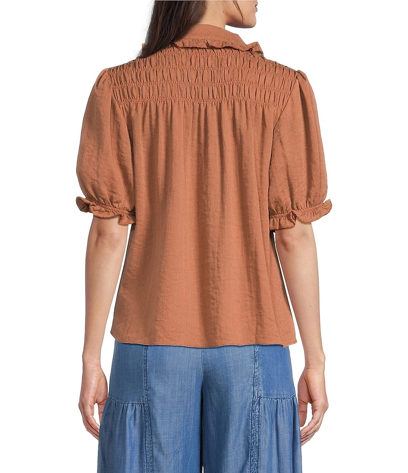 Current Air Half Sleeve Smocked Picot Point Collar Top