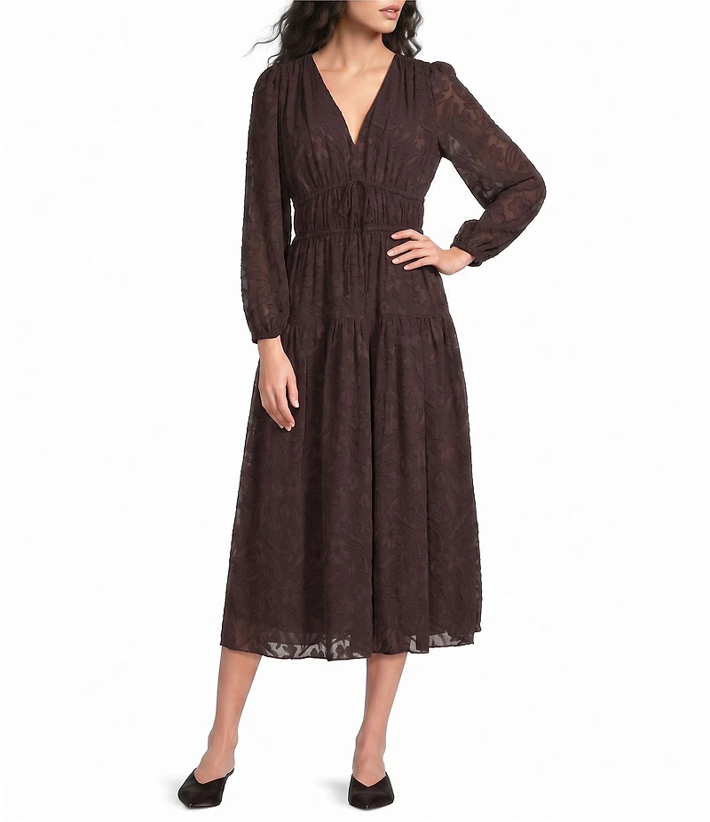 Current Air Jacquard Overlay V-Neck Long Sleeve Midi Dress