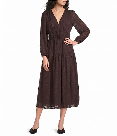 Current Air Jacquard Overlay V-Neck Long Sleeve Midi Dress