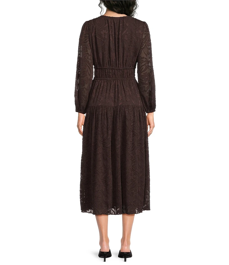 Current Air Jacquard Overlay V-Neck Long Sleeve Midi Dress