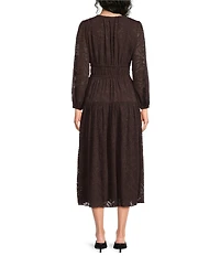 Current Air Jacquard Overlay V-Neck Long Sleeve Midi Dress