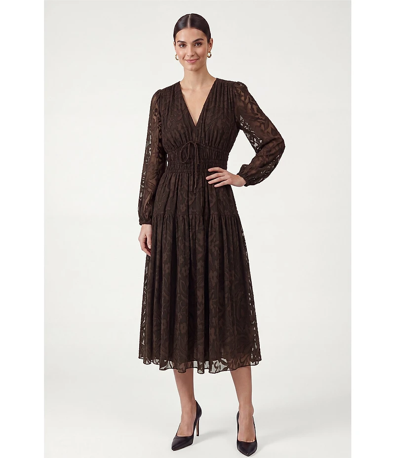 Current Air Jacquard Overlay V-Neck Long Sleeve Midi Dress