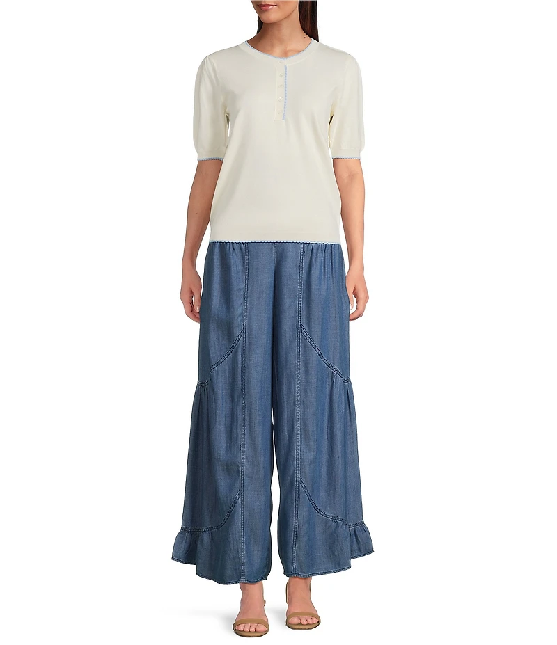 Current Air Knit Contrast Edge Short Sleeve Henley Top