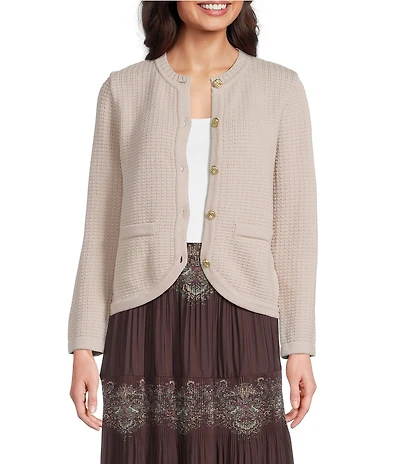 Current Air Knit Crew Neck Long Sleeve Button Front Cardigan