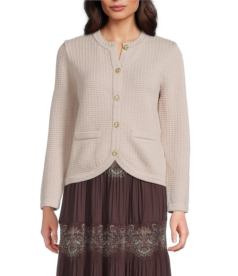 Current Air Knit Crew Neck Long Sleeve Button Front Cardigan
