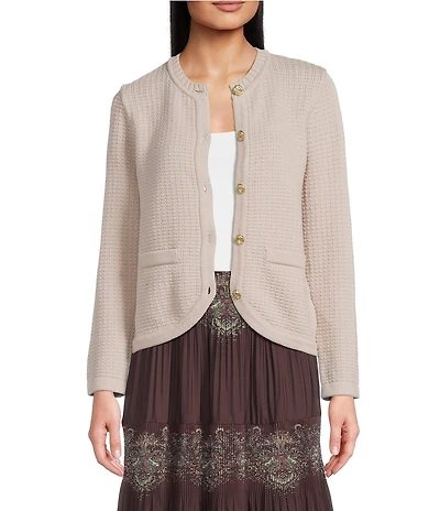 Current Air Knit Crew Neck Long Sleeve Button Front Cardigan