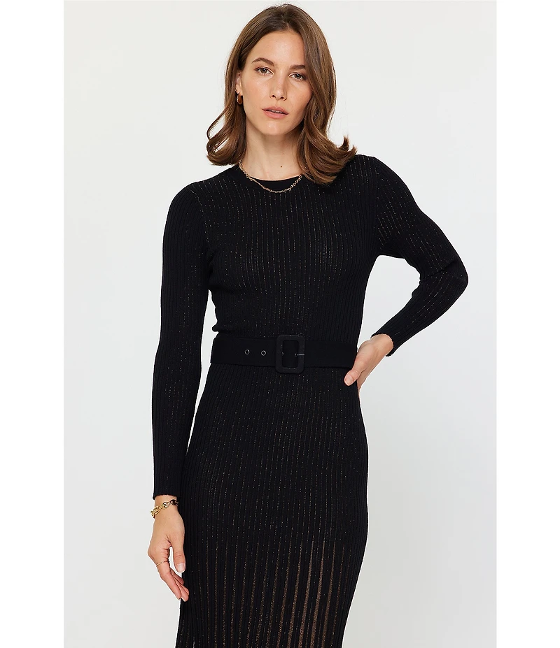 Current Air Knit Crew Neck Long Sleeve Contrast Godet Maxi Dress