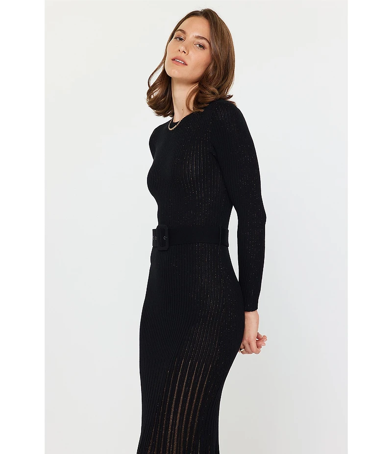 Current Air Knit Crew Neck Long Sleeve Contrast Godet Maxi Dress