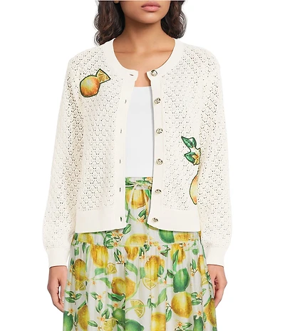 Current Air Lemon Patch Crew Neck Long Sleeve Button Front Cardigan