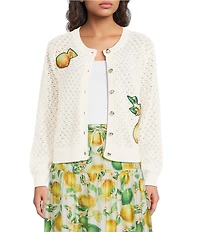 Current Air Lemon Patch Crew Neck Long Sleeve Button Front Cardigan