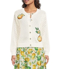 Current Air Lemon Patch Crew Neck Long Sleeve Button Front Cardigan