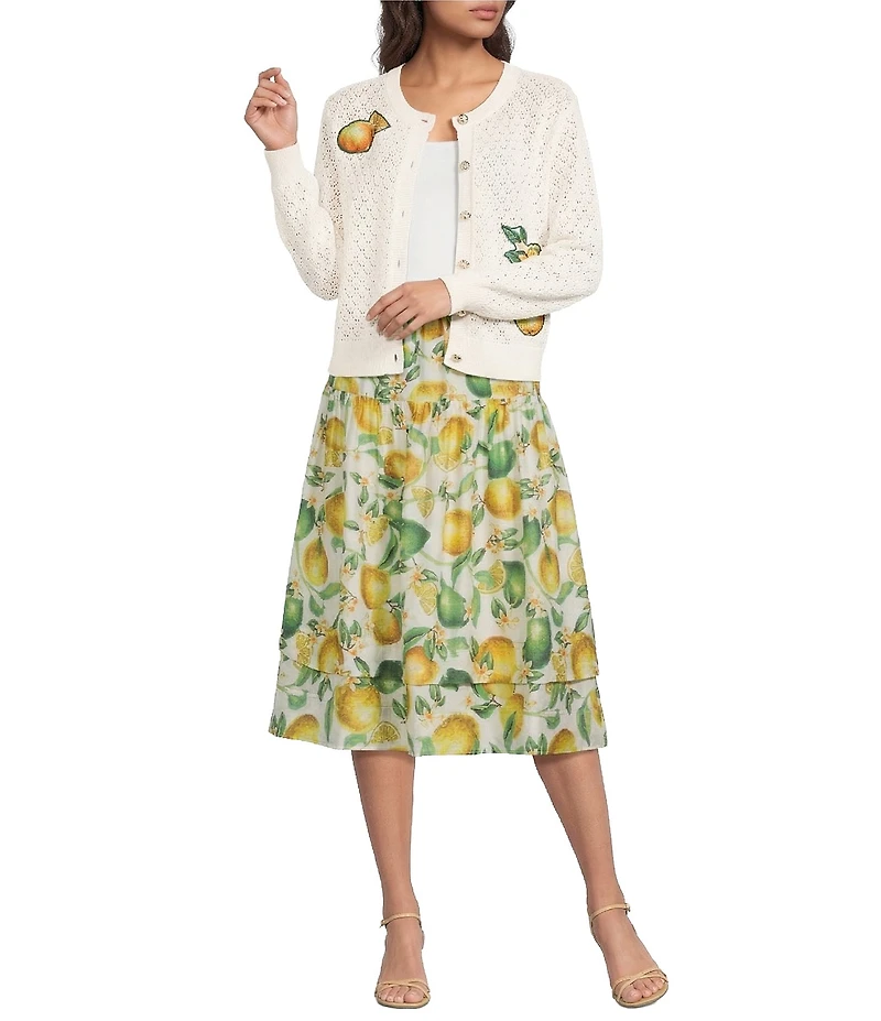 Current Air Lemon Patch Crew Neck Long Sleeve Button Front Cardigan