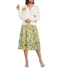 Current Air Lemon Patch Crew Neck Long Sleeve Button Front Cardigan