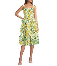 Current Air Lemon Print Square Neck Sleeveless Tiered Ruffle Hem Fit & Flare Midi Dress