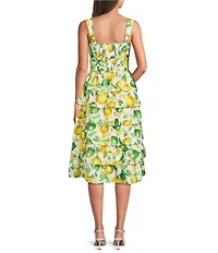 Current Air Lemon Print Square Neck Sleeveless Tiered Ruffle Hem Fit & Flare Midi Dress