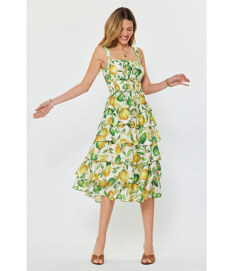 Current Air Lemon Print Square Neck Sleeveless Tiered Ruffle Hem Fit & Flare Midi Dress